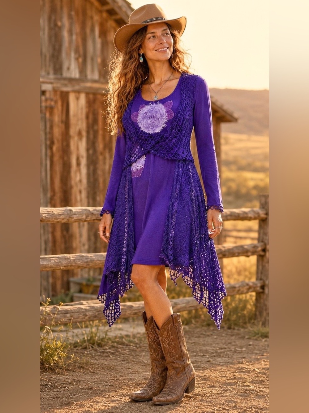 Pretty Angel Purple Floral Lace Handkerchief
Hem Boho Western Dress, Size Medium